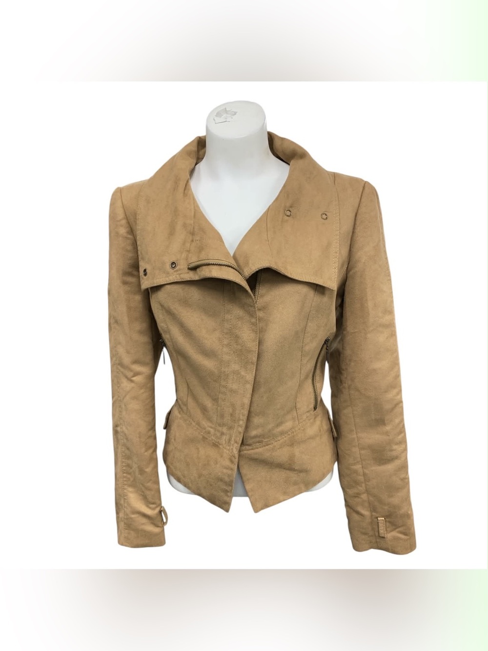 Bianca Nygard Tan Faux Suede Moto Jacket with Draped Collar Size M